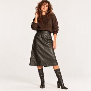 Vtg 80s 90s Diversity Black Leather Midi Skirt High Waist Genuine Leather Sz 8